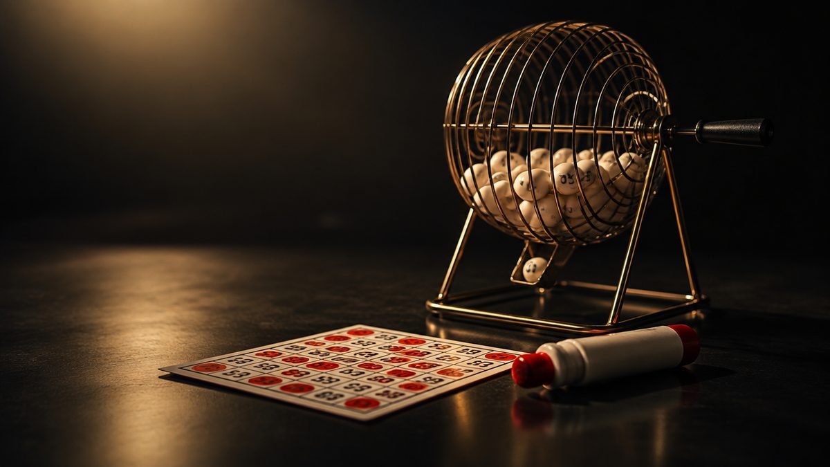 Bingokoneen häkki numeroituine palloineen ja bingokortti leimasimen kanssa mustalla pöydällä, lämmin kohdevalo, bingo netissä