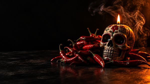 Kasa punaisia chilipaprikoita ja meksikolaistyylinen pääkallokynttilä mustalla pöydällä, lämmin oranssi reunavalo, savua. Extra Chilli -slotti