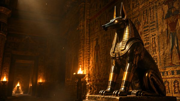 Kultainen Anubis-sakaalipatsas hehkuvin silmin egyptiläisen haudan sisällä, hieroglyfiseiniä, soihdun valo, pölyhiukkasia. Hand of Anubis -slotti