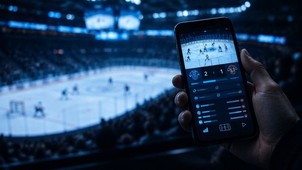 Kädessä pidettävä puhelin näyttäen hehkuvaa live-jääkiekon tulostaulua, jäähalli sumeana taustalla, viileä sininen valo, live-veto jääkiekossa