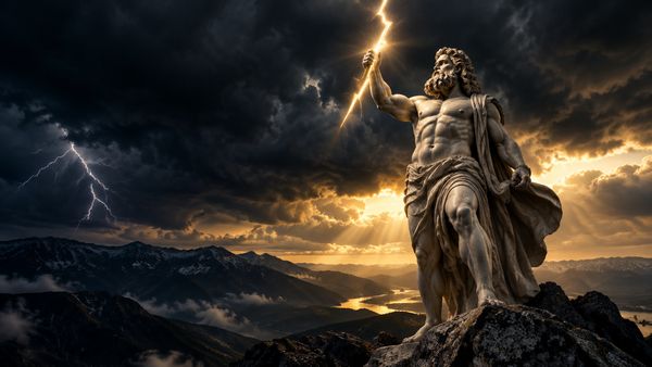 Kreikkalaisen jumalan marmoripatsas pitelee salamaa vuorenhuipulla yöllä, myrskyinen taivas, kultainen valo pilvien läpi. Rise of Olympus -slotti