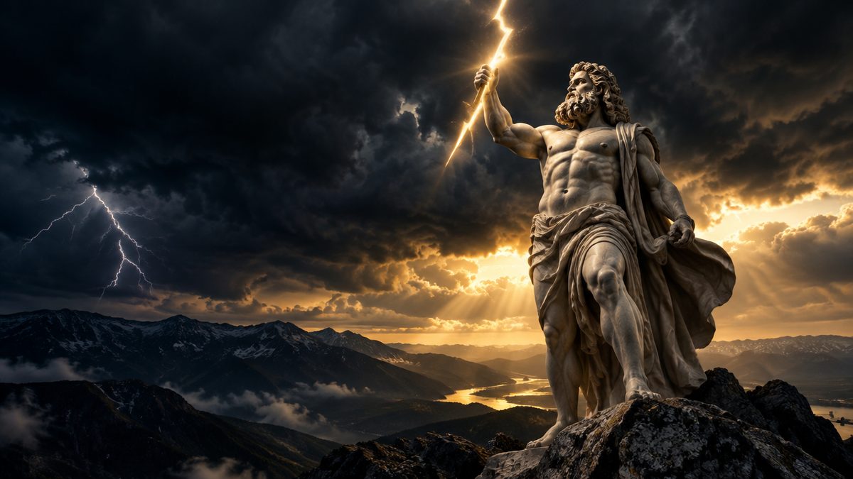 Kreikkalaisen jumalan marmoripatsas pitelee salamaa vuorenhuipulla yöllä, myrskyinen taivas, kultainen valo pilvien läpi. Rise of Olympus -slotti