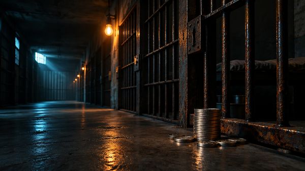 Pimeä vankilakäytävä, ruostuneet rautakalterit, yksi riippuva hehkulamppu, pino hopeakolikoita betonilattialla, kylmä valo. San Quentin -slotti