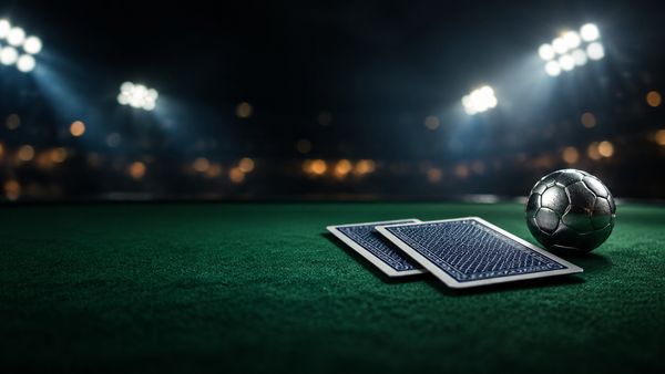 Kaksi pelikorttia kuvapuoli alaspäin jalkapallokentän vihreällä huopapöydällä, pieni hopeinen jalkapallo, stadionin valot sumeina. Football Studio