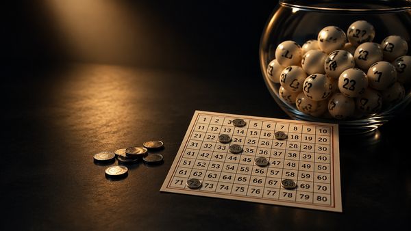 Läpinäkyvä palloarvontakone, jossa pyörii numeroituja valkoisia palloja pehmeässä sinisessä valossa, muutama pallo putkessa, keno