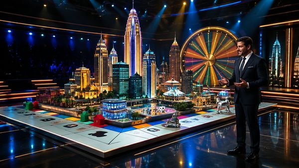Valtava hehkuva Monopoly-tyylinen 3D-kaupunkilauta torneineen ja pyörivä rahapyörä pimeässä game show -studiossa. Monopoly Live