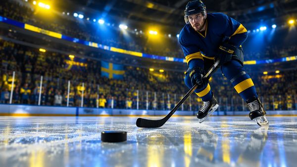 Jääkiekkokaukalon jää lähikuvassa, keltaista ja sinistä valoa heijastumassa jäästä, laidan mainostaulu sumeana, luistimen jälkiä. SHL