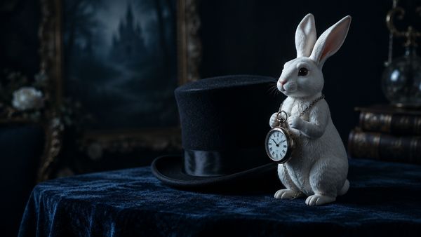 Valkoinen kanifiguuri pienen hopeisen taskukellon kanssa mustan silinterin vieressä samettipöydällä, ihmemaan tunnelma, pehmeä viileä valo. White Rabbit Megaways