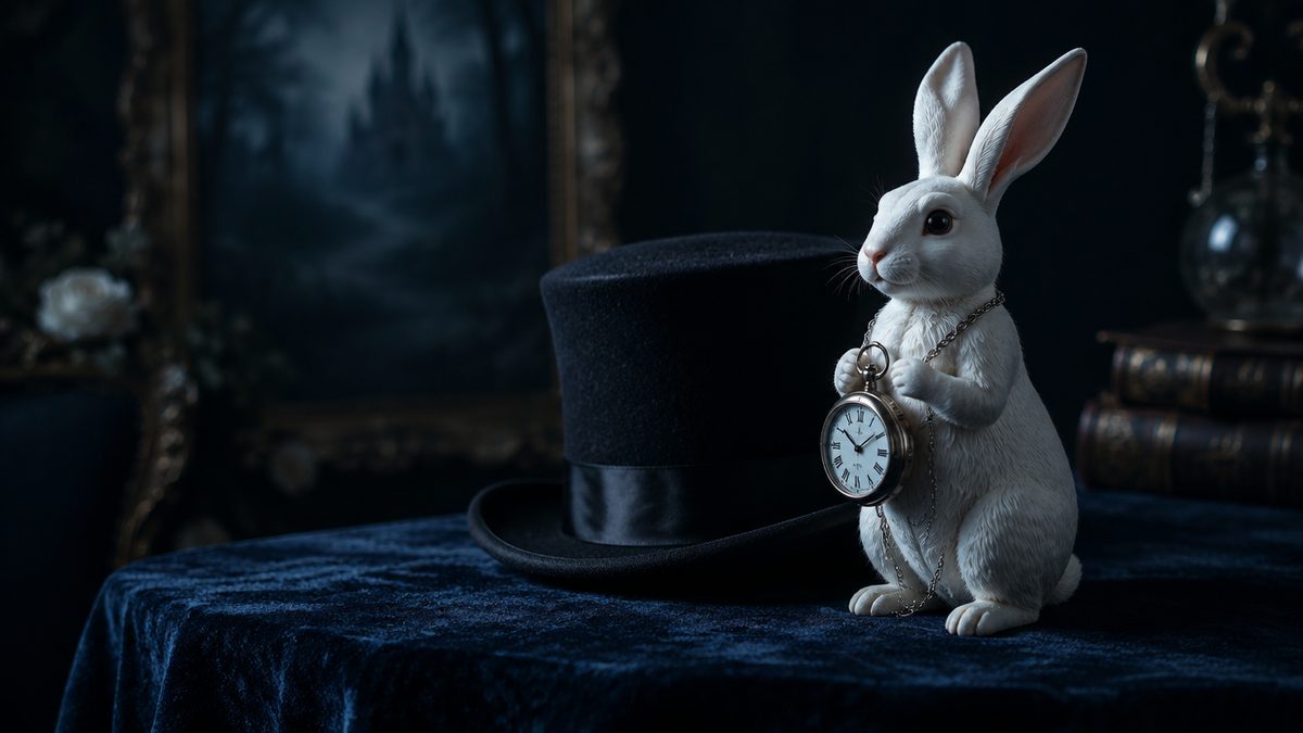 Valkoinen kanifiguuri pienen hopeisen taskukellon kanssa mustan silinterin vieressä samettipöydällä, ihmemaan tunnelma, pehmeä viileä valo. White Rabbit Megaways