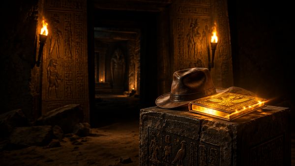 Muinaisen egyptiläisen haudan sisäänkäynti, jossa nahkainen tutkimusmatkailijan hattu ja hehkuva kultainen kirja kivijalustalla, soihtuvalo, syvät varjot. Book of Ra vs Book of Dead