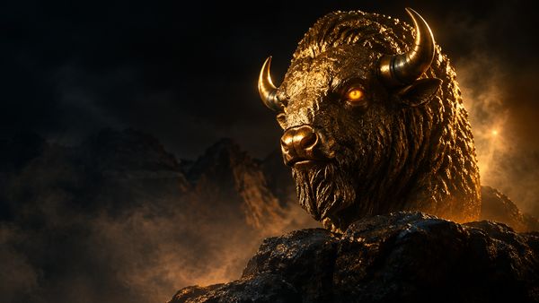 Kultainen biisonipatsaan pää hehkuvin meripihkanvärisin silmin kallioisella kielekkeellä yöllä, lämmin reunavalo, utuinen. Buffalo King Megaways