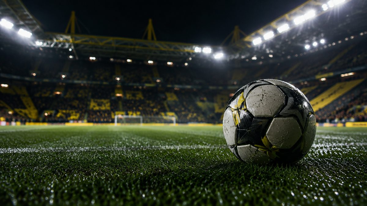 Jalkapallo märällä nurmella yöllä valtavassa saksalaisstadionissa, keltamustat katsomot sumeina, valonheittimet. Bundesliga