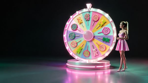 Valtava karkinvärinen onnenpyörä pastellinvärisillä tikkari- ja hedelmäkarkkilohkoilla, kiiltävä, pehmeä vaaleanpunainen ja mintunvihreä valo pimeässä studiossa. Sweet Bonanza CandyLand