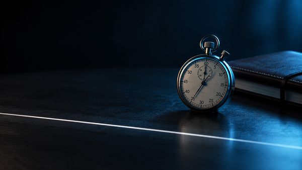Vanha sekuntikello tummalla pöydällä suljetun nahkaisen muistikirjan vieressä, viileä sininen reunavalo, ohut valojuova kuin maaliviiva, closing line value