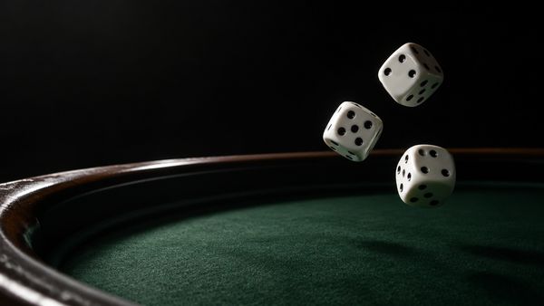 Kolme valkoista kasinonoppaa ilmassa tummanvihreän craps-pöydän yläpuolella, kaareva reunus, dramaattinen sivuvalo, craps