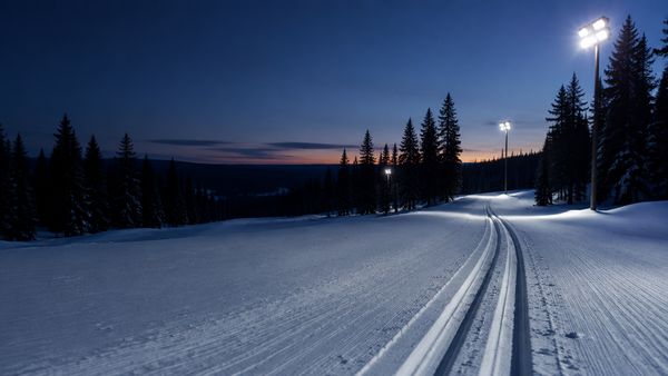 Hiihtoladut tuoreessa lumessa stadionin valojen alla hämärässä, sininen hetki, mäntymetsän siluetti, hiihto