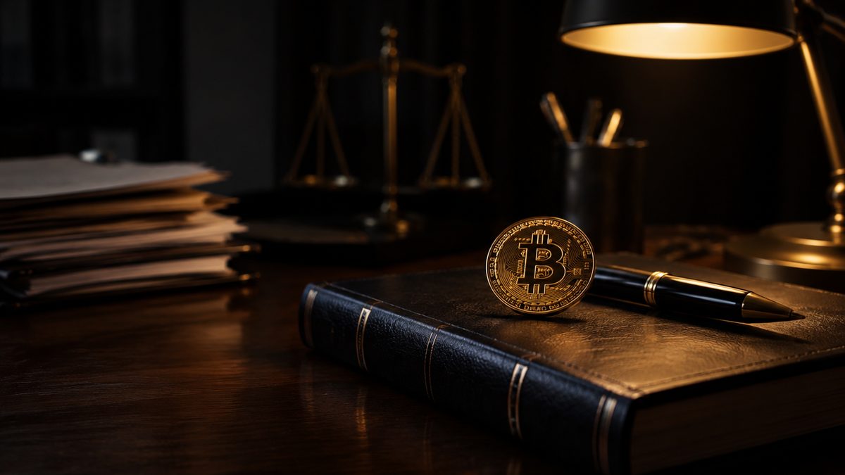 Fyysinen kullanvärinen bitcoin-tyylinen kolikko tumman tilikirjan päällä kynän vieressä, verotoimistotunnelma, lämmin pöytälamppu, kryptokasinot ja verotus