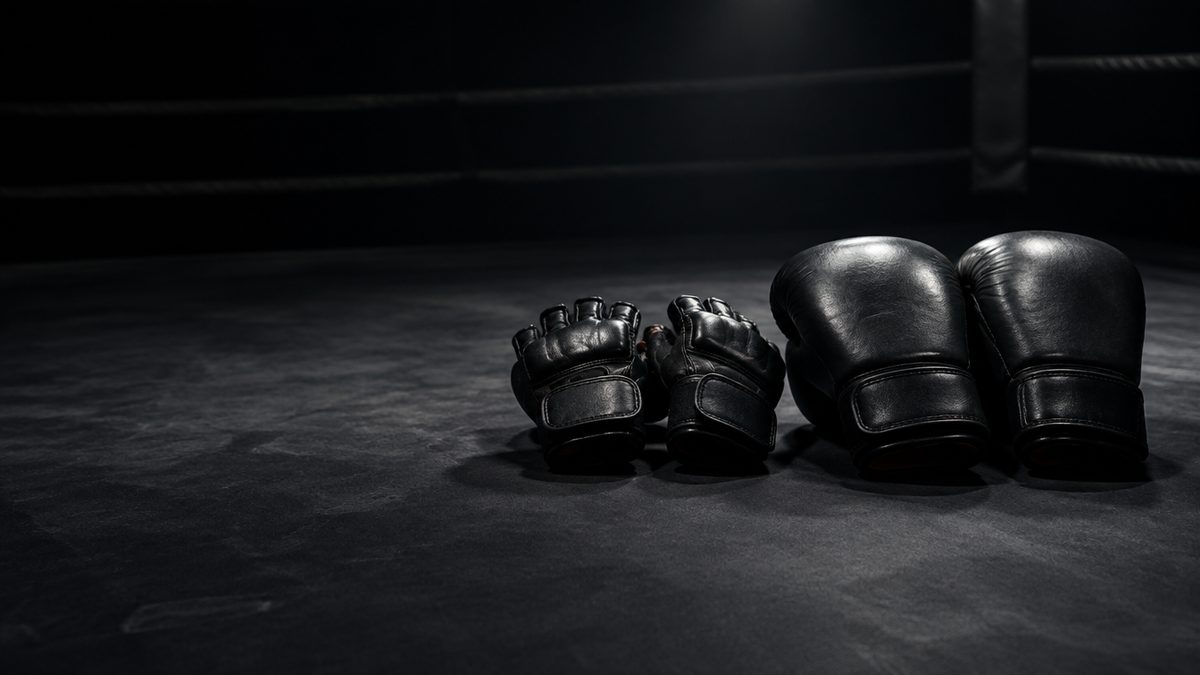Kaksi MMA-hanskaa ja pari nyrkkeilyhanskoja vierekkäin tummalla kehän kanvaasilattialla, yksi kohdevalo. MMA vs nyrkkeily