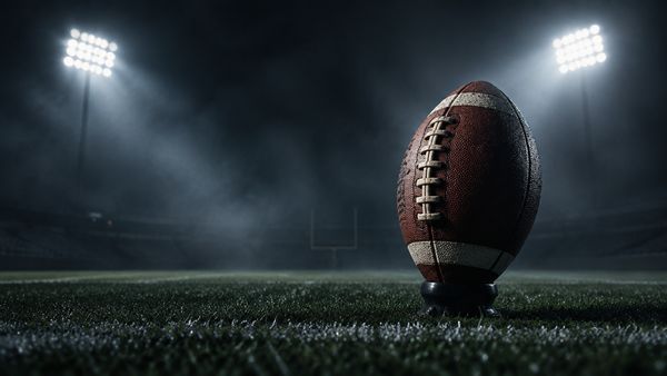 Amerikkalainen jalkapallo tiillä pimeällä stadionin kentällä, valonheittimet takana, kevyt sumu, lähikuva. NFL