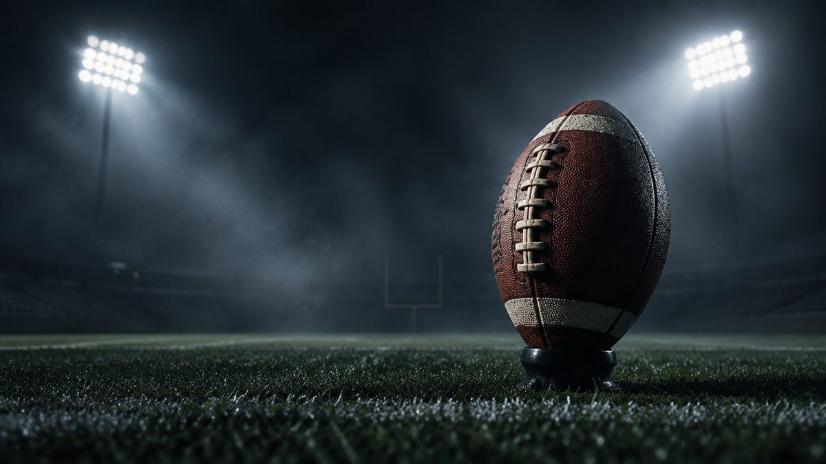 Amerikkalainen jalkapallo tiillä pimeällä stadionin kentällä, valonheittimet takana, kevyt sumu, lähikuva. NFL