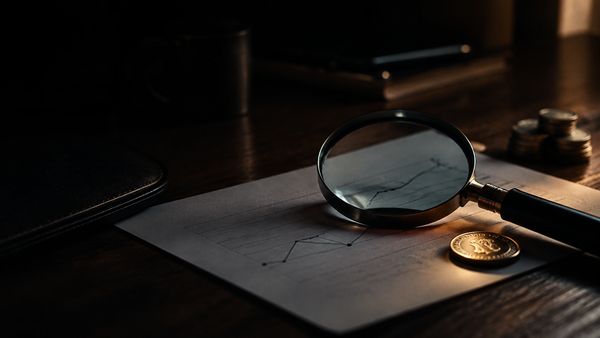 Suurennuslasi tummalla puupöydällä paperin päällä, jossa häilyvä viivakaavio, yksi kolikko lämpimässä valossa, value bet
